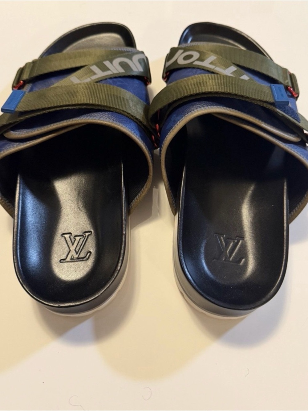 Louis Vuitton Navy & Olive Green Logo Strap Slides - Picture 2 of 5